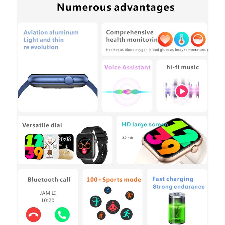 QX7 Pro 2.0 inch BT5.2 Smart Sport Watch, Support Bluetooth Call / Sleep / Blood Sugar / Blood Ox...