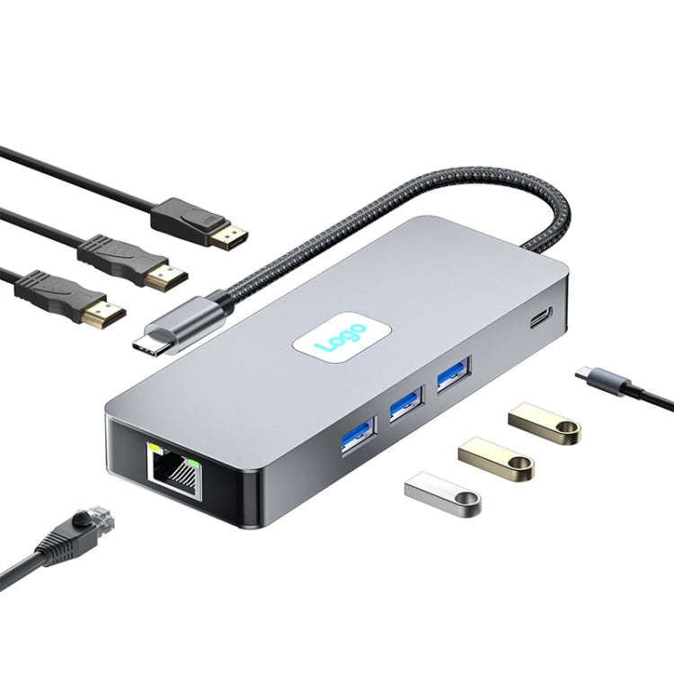 BYL-2401 8 in 1 Type-C to PD100W + USB3.0 + HDMI + DP + RJ45 HUB Docking Station(Space Grey)