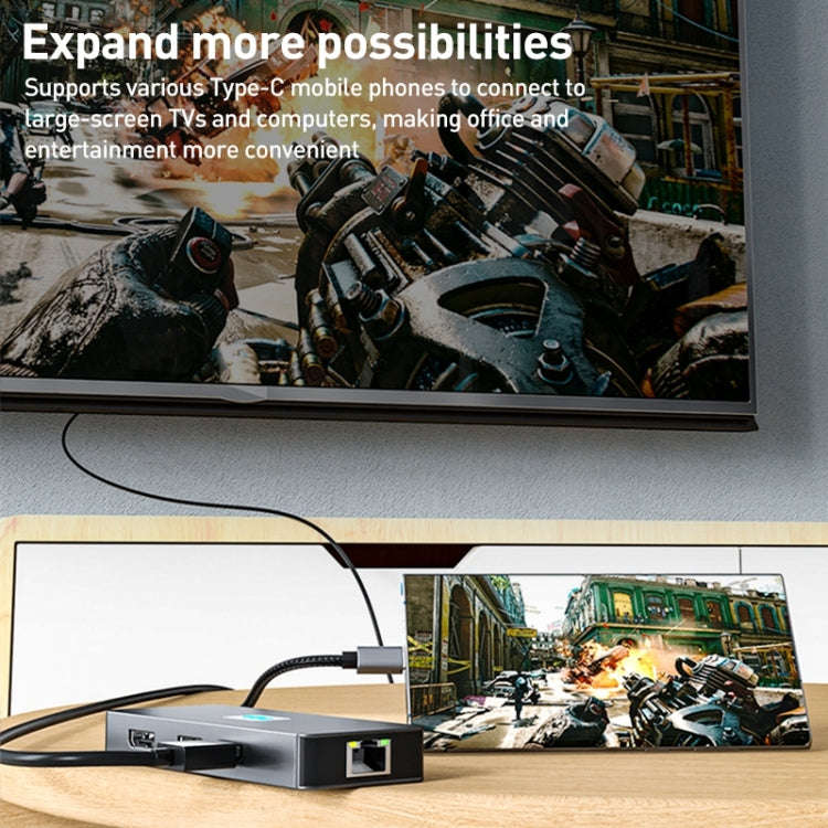 BYL-2401 8 in 1 Type-C to PD100W + USB3.0 + HDMI + DP + RJ45 HUB Docking Station(Space Grey)