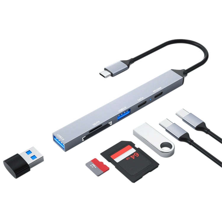 ADS-807 PD100 6 in 1 Type-C to PD100W + USB3.0 + USB2.0 + SD/TF HUB Docking Station(Space Grey)