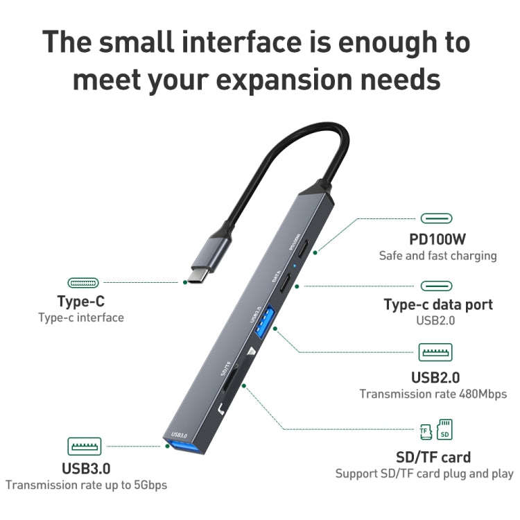 ADS-807 PD100 6 in 1 Type-C to PD100W + USB3.0 + USB2.0 + SD/TF HUB Docking Station(Space Grey)