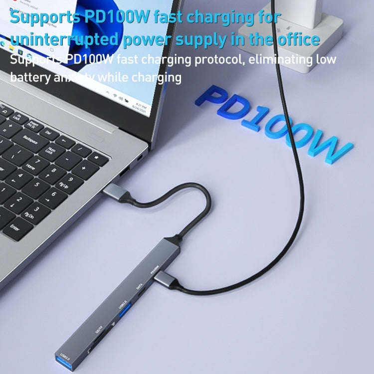 ADS-807 PD100 6 in 1 Type-C to PD100W + USB3.0 + USB2.0 + SD/TF HUB Docking Station(Space Grey)