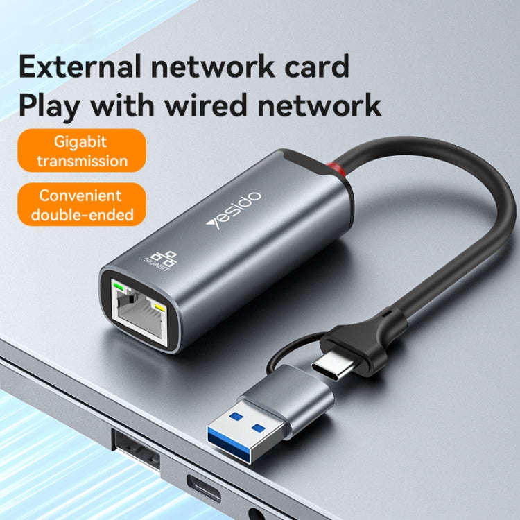Yesido HB26 2 in 1 USB+USB-C/Type-C to Ethernet Adapter(Grey)