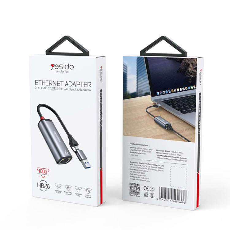 Yesido HB26 2 in 1 USB+USB-C/Type-C to Ethernet Adapter(Grey)