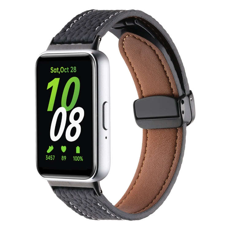 For Samsung Galaxy Fit 3 Litchi Texture Magnetic Black Buckle Leather Watch Band(Black)
