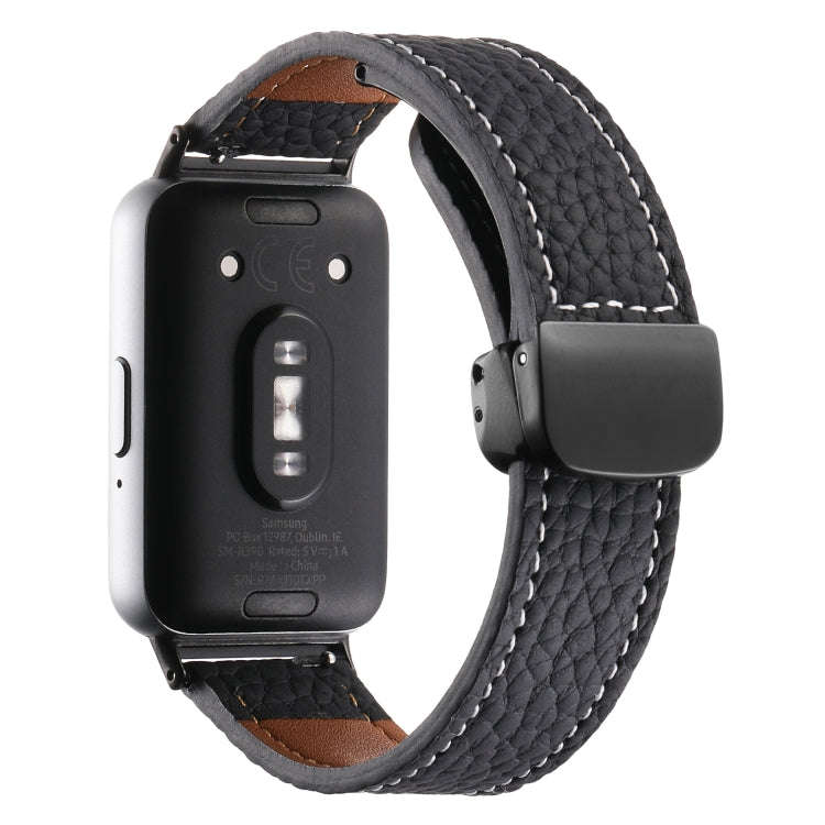 For Samsung Galaxy Fit 3 Litchi Texture Magnetic Black Buckle Leather Watch Band(Black)