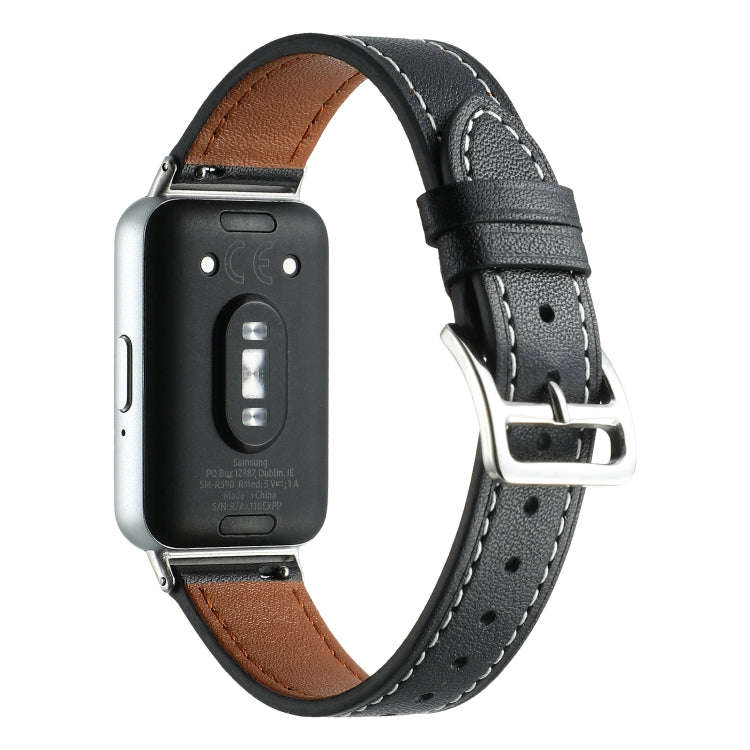 For Samsung Galaxy Fit 3 Sewing Thread Genuine Leather Watch Band(Black)