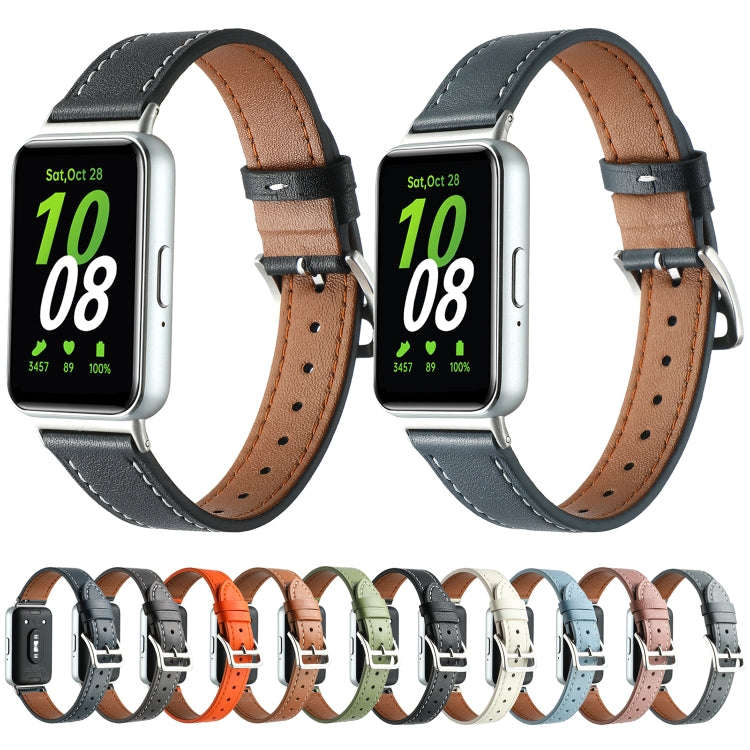 For Samsung Galaxy Fit 3 Sewing Thread Genuine Leather Watch Band(Grey)