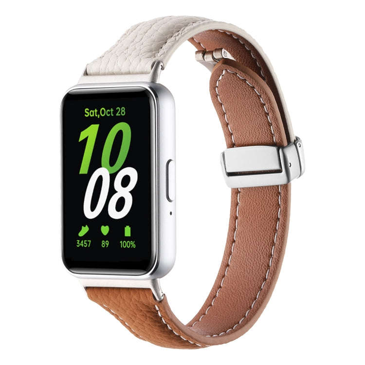 For Samsung Galaxy Fit 3 Litchi Texture Magnetic Buckle Slim Leather Watch Band(Milk White+Yellow...