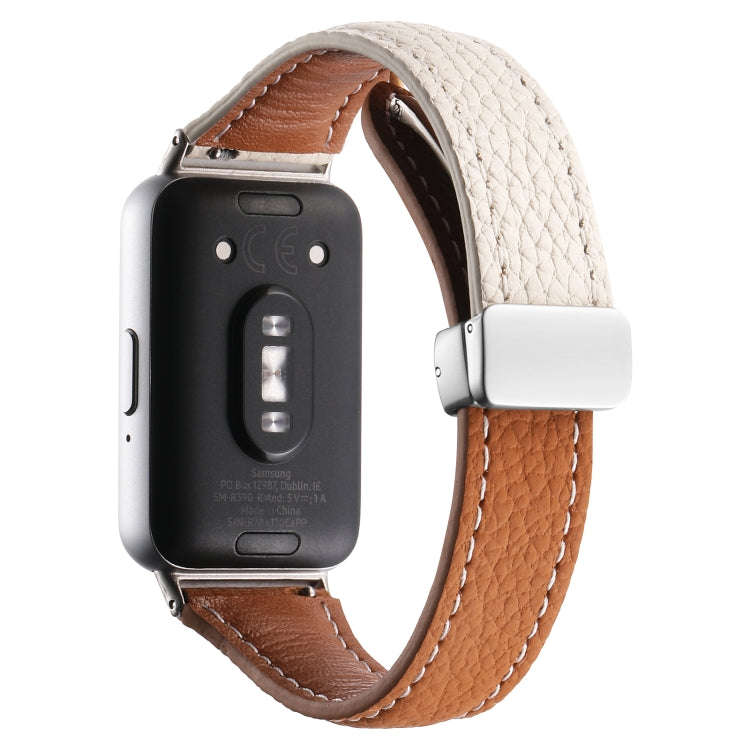 For Samsung Galaxy Fit 3 Litchi Texture Magnetic Buckle Slim Leather Watch Band(Milk White+Yellow...