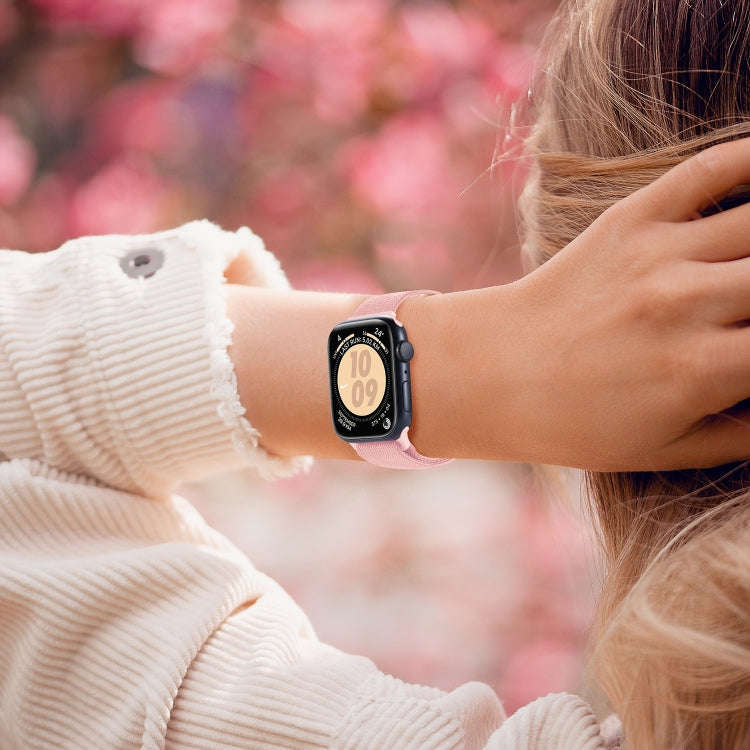 For Apple Watch Series 5 40mm Carbon Fiber Texture Snap Buckle Nylon Watch Band(Pink)
