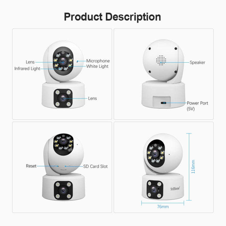 SriHome SH049 2MP + 2MP Humanoid Tracking Smart Night Vision Dual Lens HD IP Camera(AU Plug)