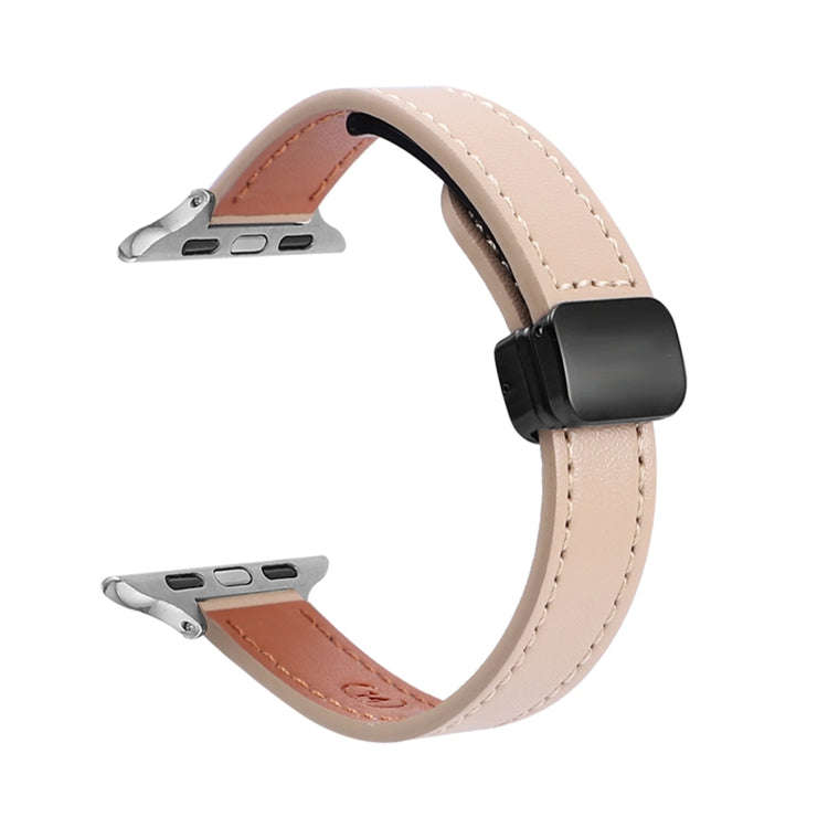 For Apple Watch SE 2023 40mm Slim Magnetic Buckle Genuine Leather Watch Band(Plain Apricot)