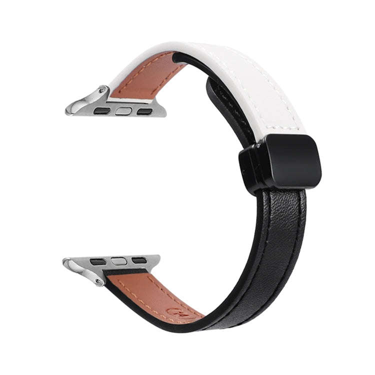 For Apple Watch Series 9 41mm Slim Magnetic Buckle Genuine Leather Watch Band(Plain Black Beige)
