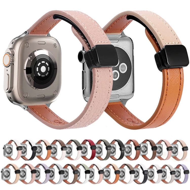 For Apple Watch Series 9 41mm Slim Magnetic Buckle Genuine Leather Watch Band(Litchi Lavender)