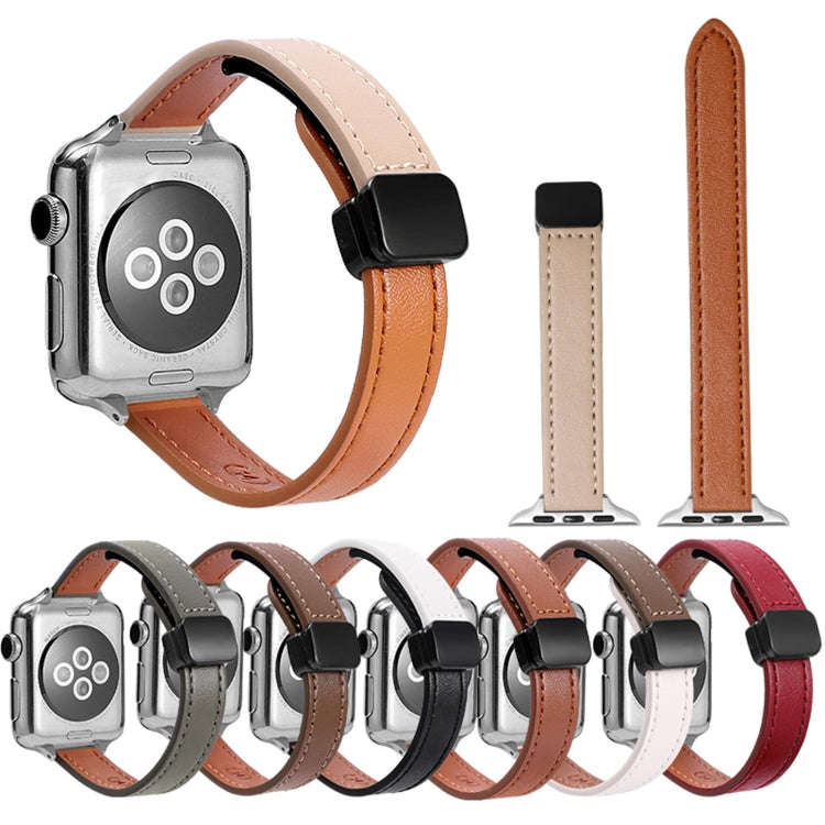 For Apple Watch SE 2023 44mm Slim Magnetic Buckle Genuine Leather Watch Band(Plain Wine Red)