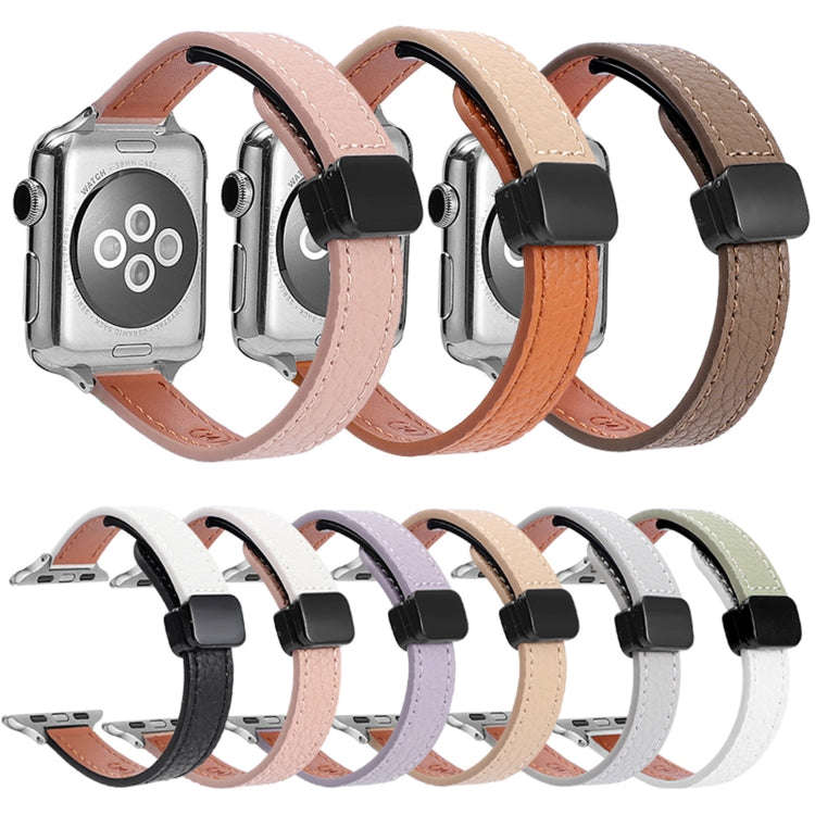 For Apple Watch Series 9 41mm Slim Magnetic Buckle Genuine Leather Watch Band(Litchi Lavender)