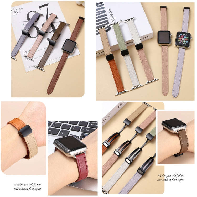 For Apple Watch Series 9 41mm Slim Magnetic Buckle Genuine Leather Watch Band(Litchi Lavender)