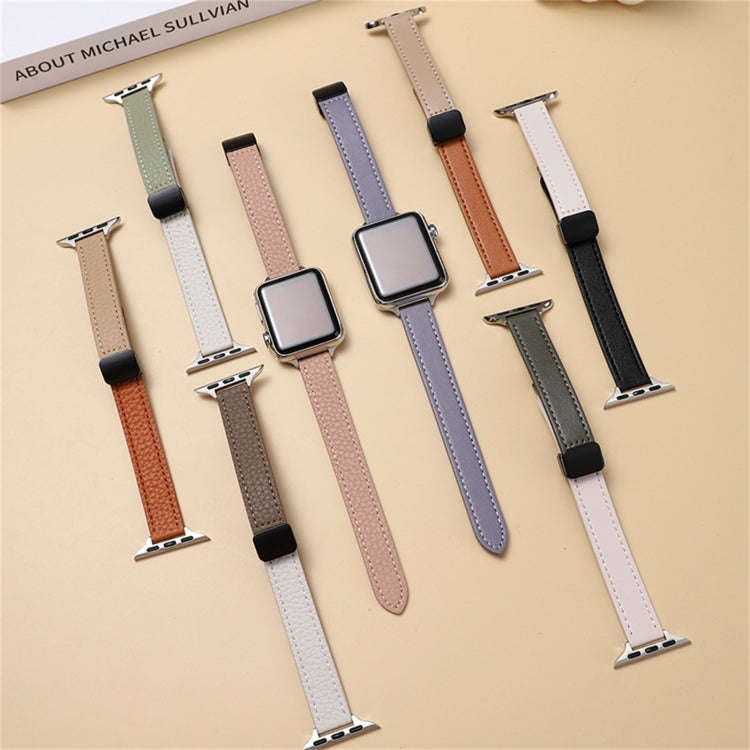 For Apple Watch Series 9 41mm Slim Magnetic Buckle Genuine Leather Watch Band(Litchi Lavender)