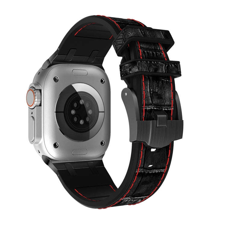 For Apple Watch Ultra 2 49mm Crocodile Texture Liquid Silicone Watch Band(Black Red Black)