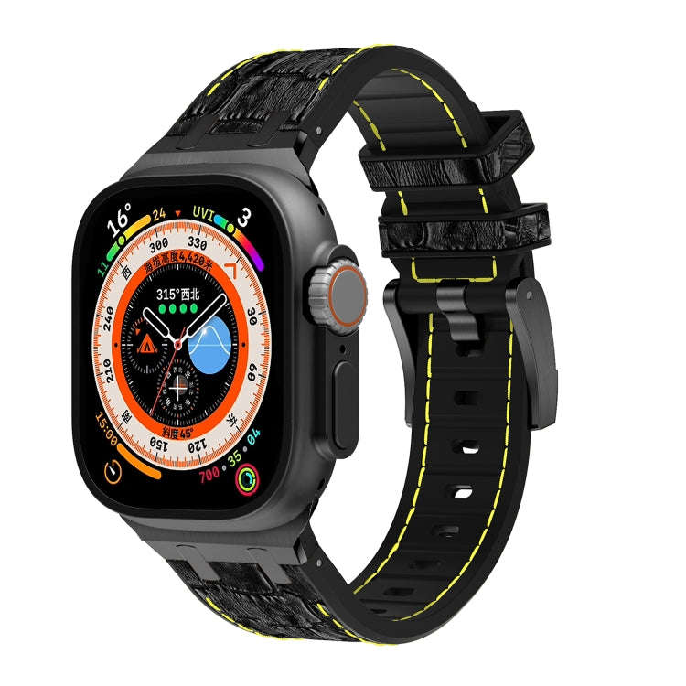 For Apple Watch Ultra 2 49mm Crocodile Texture Liquid Silicone Watch Band(Black Yellow Black)