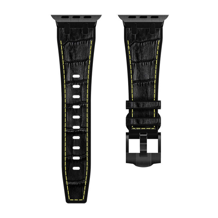 For Apple Watch Ultra 2 49mm Crocodile Texture Liquid Silicone Watch Band(Black Yellow Black)