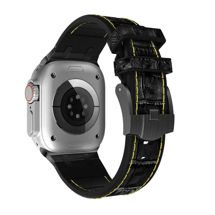 For Apple Watch Ultra 2 49mm Crocodile Texture Liquid Silicone Watch Band(Black Yellow Black)