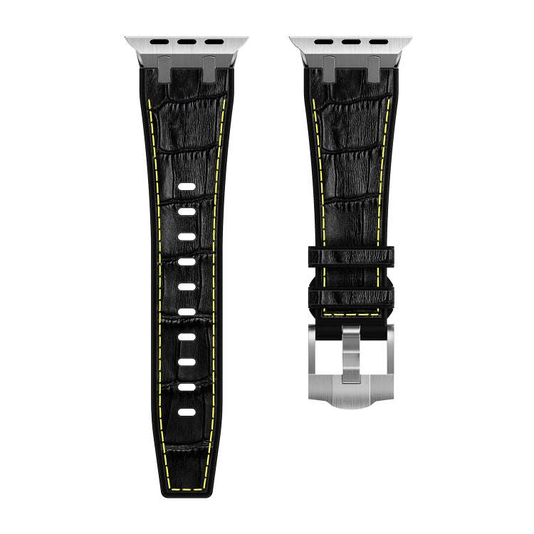 For Apple Watch Ultra 2 49mm Crocodile Texture Liquid Silicone Watch Band(Silver Yellow Black)