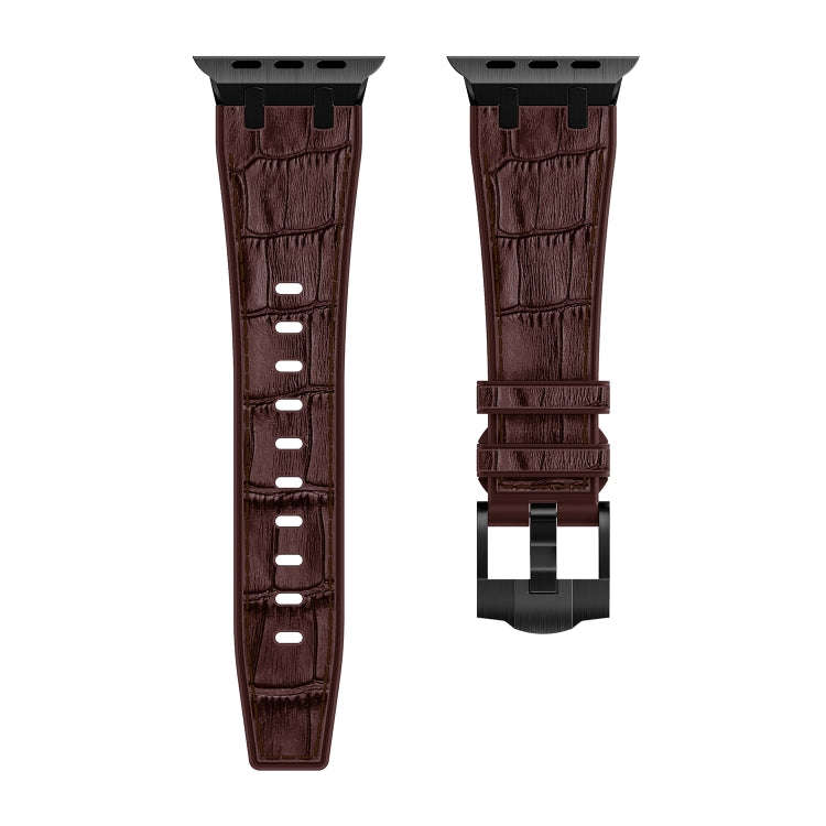 For Apple Watch Series 9 41mm Crocodile Texture Liquid Silicone Watch Band(Black Dark Brown)