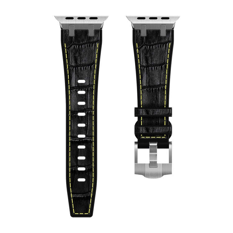 For Apple Watch Series 9 41mm Crocodile Texture Liquid Silicone Watch Band(Silver Yellow Black)