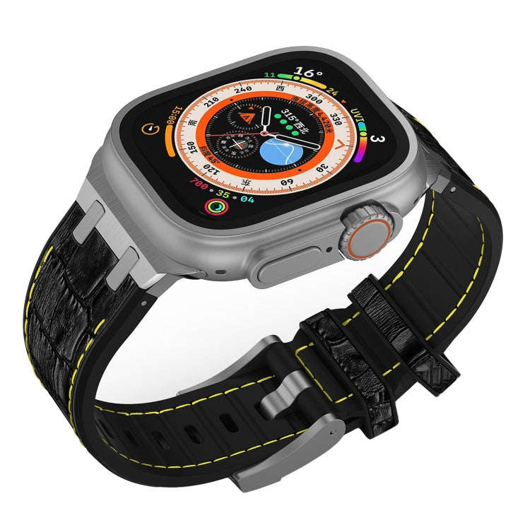 For Apple Watch Series 9 41mm Crocodile Texture Liquid Silicone Watch Band(Silver Yellow Black)