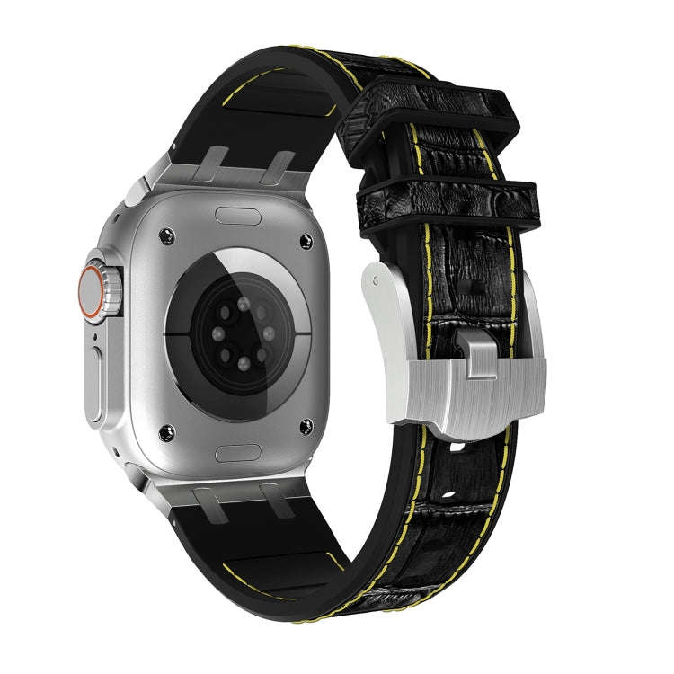 For Apple Watch Series 9 41mm Crocodile Texture Liquid Silicone Watch Band(Silver Yellow Black)