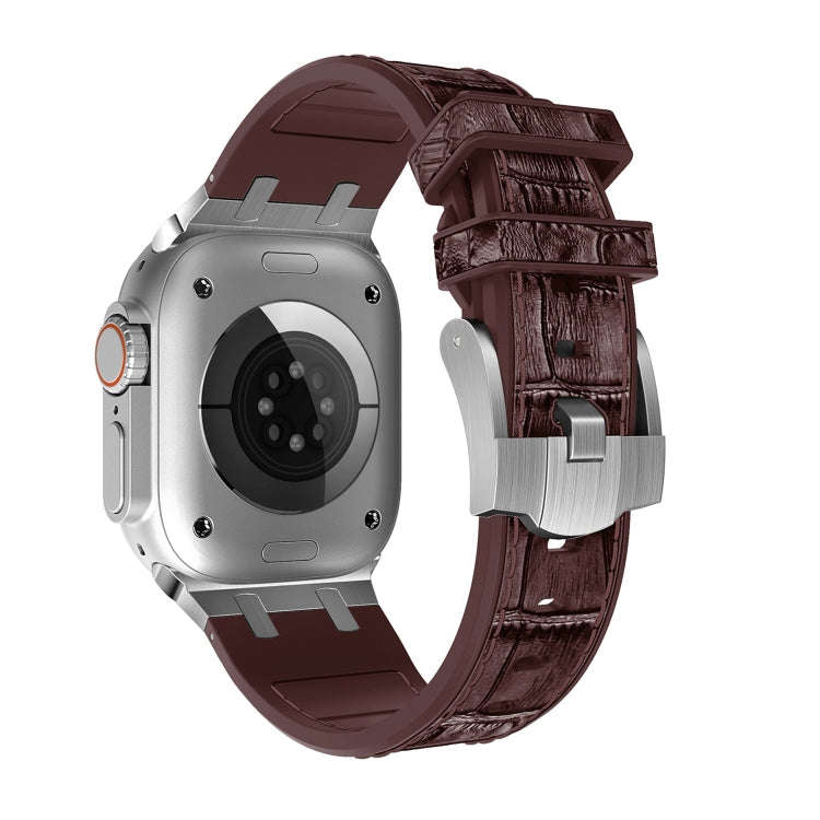For Apple Watch Series 9 41mm Crocodile Texture Liquid Silicone Watch Band(Silver Dark Brown)
