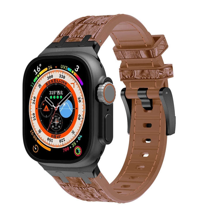 For Apple Watch Ultra 49mm Crocodile Texture Liquid Silicone Watch Band(Black Yellow Brown)