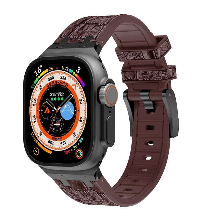 For Apple Watch Ultra 49mm Crocodile Texture Liquid Silicone Watch Band(Black Dark Brown)