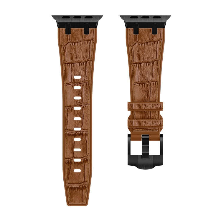 For Apple Watch Series 8 41mm Crocodile Texture Liquid Silicone Watch Band(Black Yellow Brown)