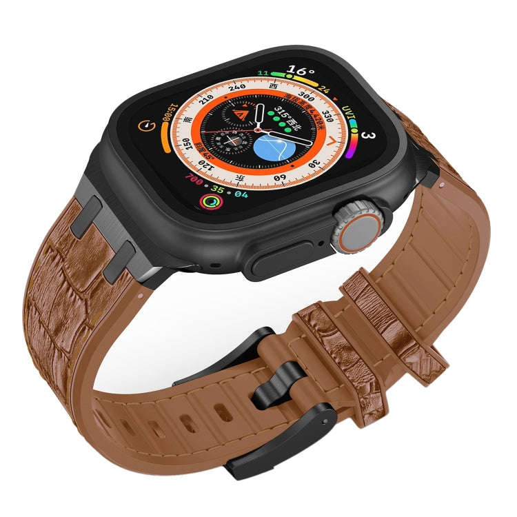 For Apple Watch Series 8 41mm Crocodile Texture Liquid Silicone Watch Band(Black Yellow Brown)