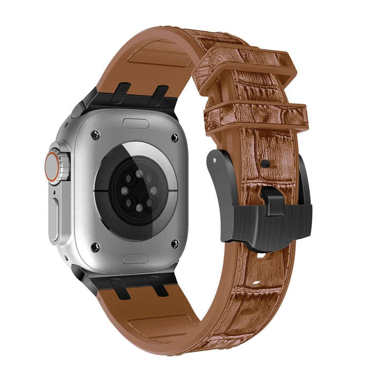 For Apple Watch Series 8 41mm Crocodile Texture Liquid Silicone Watch Band(Black Yellow Brown)