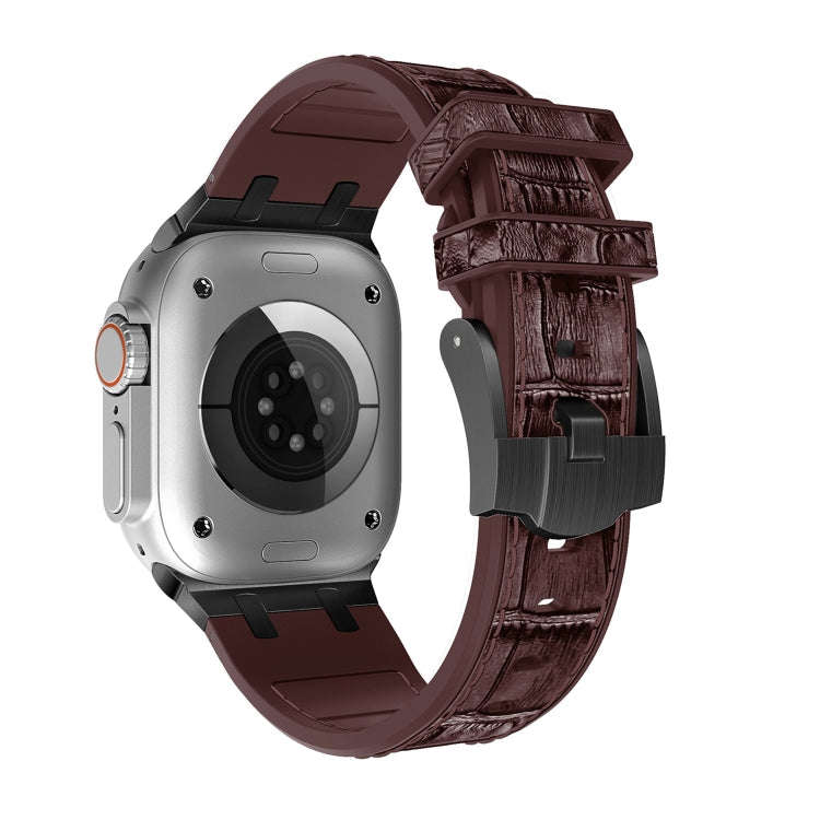 For Apple Watch Series 8 41mm Crocodile Texture Liquid Silicone Watch Band(Black Dark Brown)