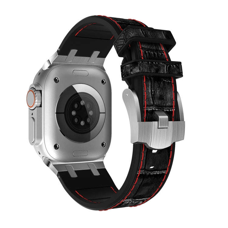 For Apple Watch Series 8 41mm Crocodile Texture Liquid Silicone Watch Band(Silver Red Black)