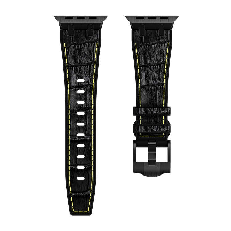 For Apple Watch Series 8 45mm Crocodile Texture Liquid Silicone Watch Band(Black Yellow Black)