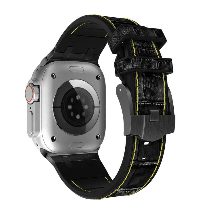 For Apple Watch Series 8 45mm Crocodile Texture Liquid Silicone Watch Band(Black Yellow Black)