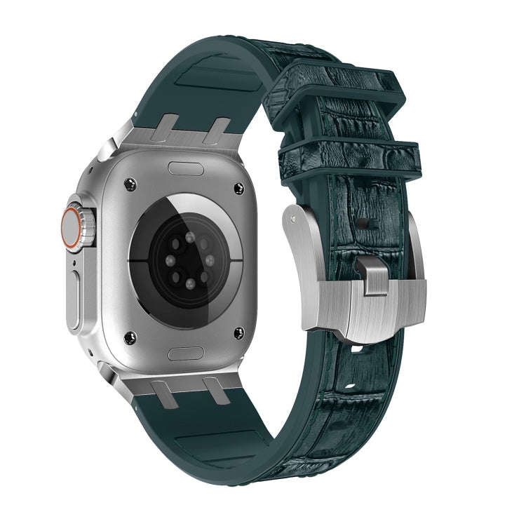 For Apple Watch Series 8 45mm Crocodile Texture Liquid Silicone Watch Band(Silver Deep Green)