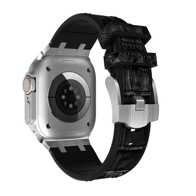 For Apple Watch Series 7 41mm Crocodile Texture Liquid Silicone Watch Band(Silver Black)