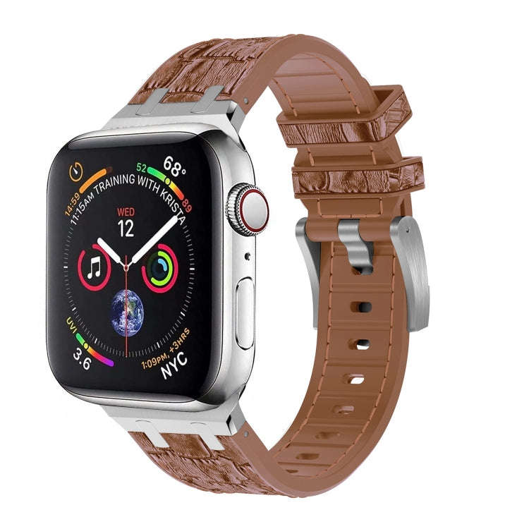 For Apple Watch Series 3 42mm Crocodile Texture Liquid Silicone Watch Band(Silver Yellow Brown)