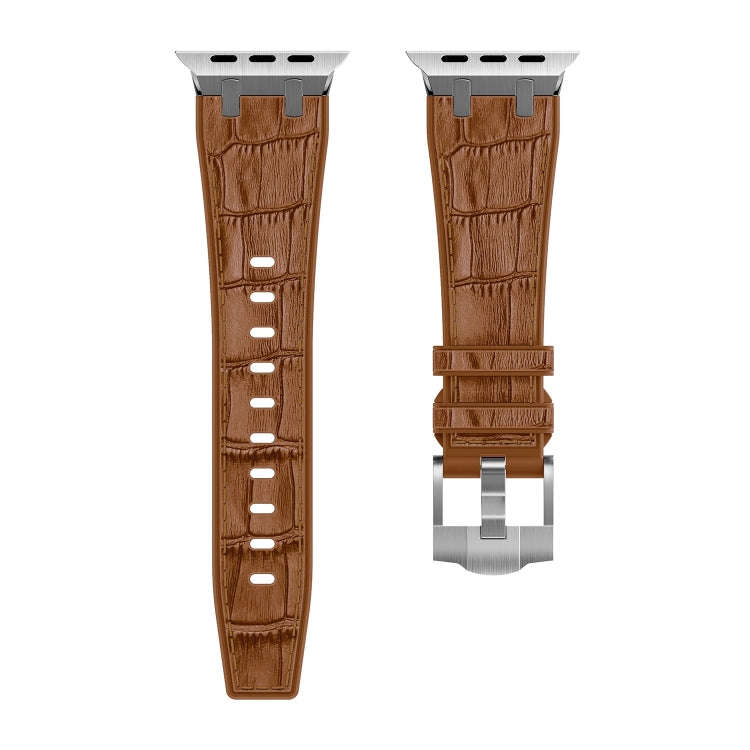 For Apple Watch Series 3 42mm Crocodile Texture Liquid Silicone Watch Band(Silver Yellow Brown)