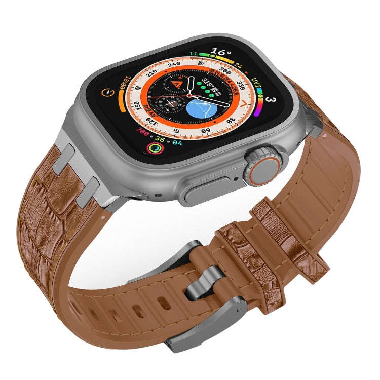 For Apple Watch Series 3 42mm Crocodile Texture Liquid Silicone Watch Band(Silver Yellow Brown)