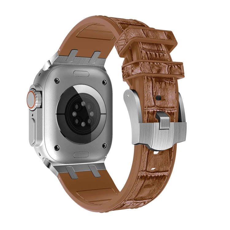 For Apple Watch Series 3 42mm Crocodile Texture Liquid Silicone Watch Band(Silver Yellow Brown)