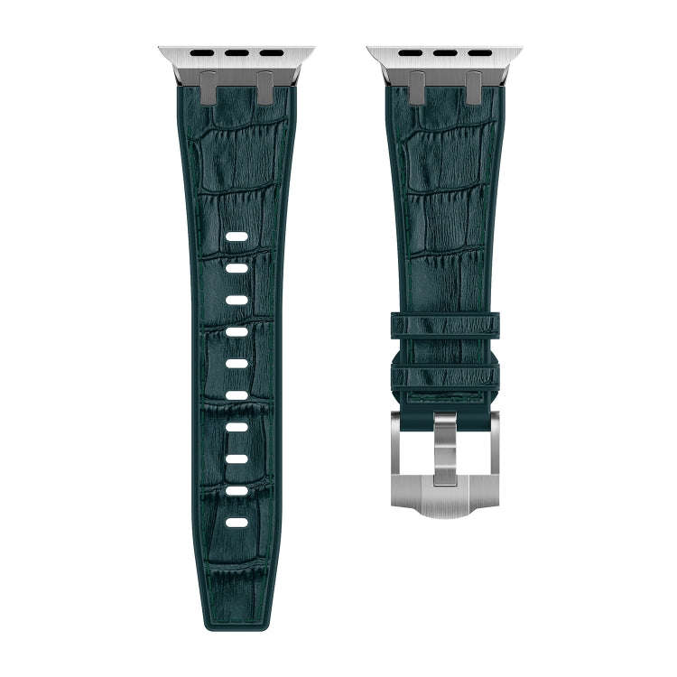 For Apple Watch Series 2 42mm Crocodile Texture Liquid Silicone Watch Band(Silver Deep Green)