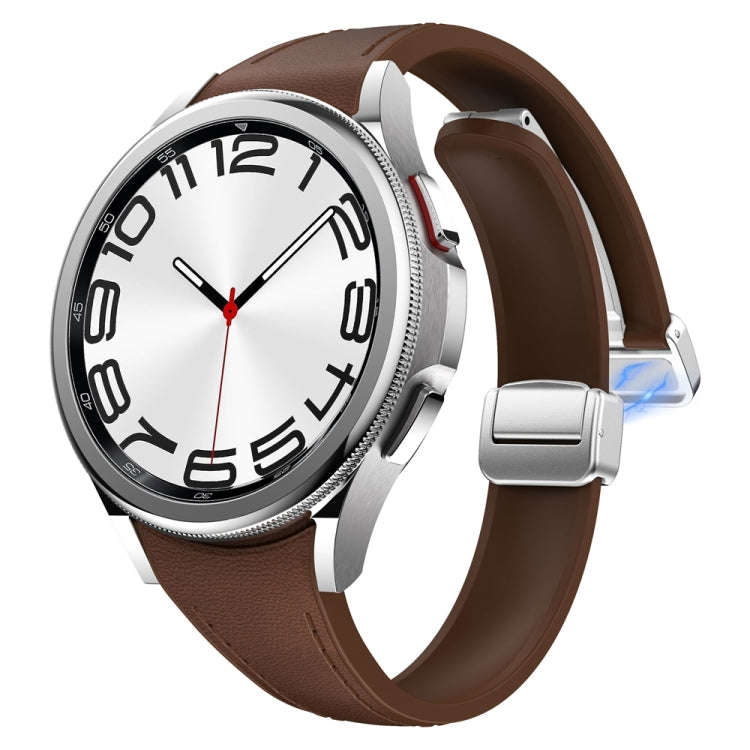 For Samsung Galaxy Watch 6 Slim Magnetic Silver Buckle Leather Silicone Watch Band(Dark Brown)